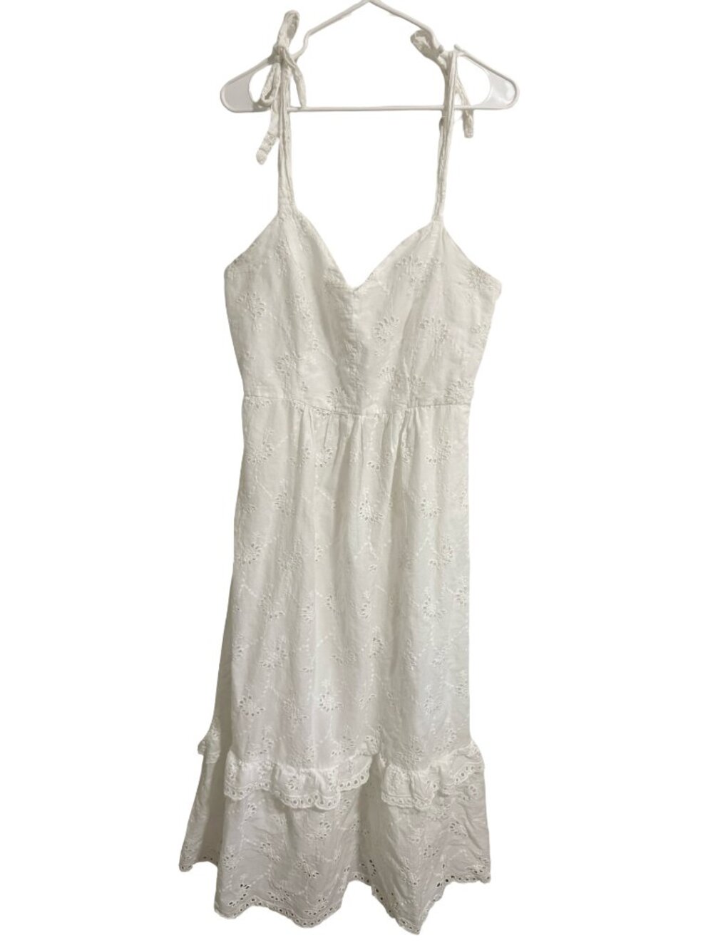 Magaschoni Midi Dress Medium White Embroidered Eyelet Tie Strap Cottagecore Boho